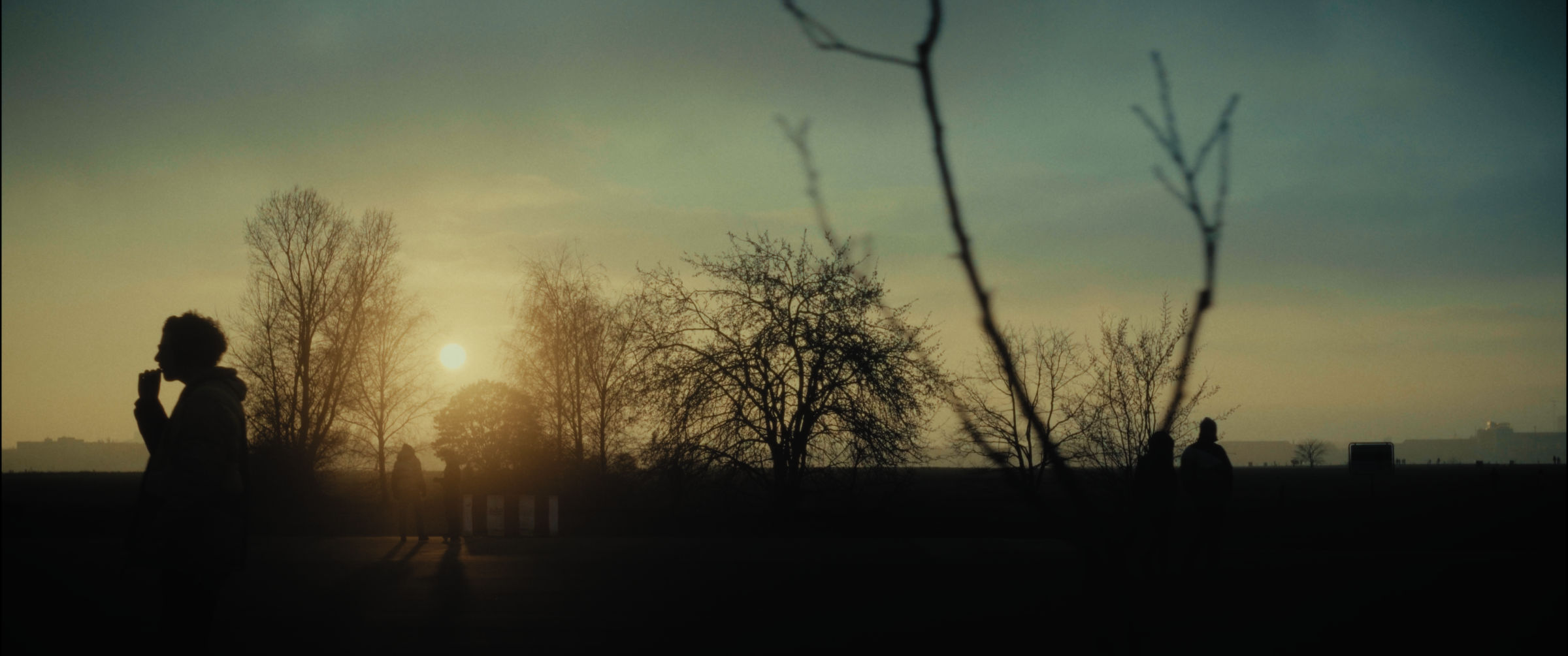 Silhouetted figure at sunset in a park
